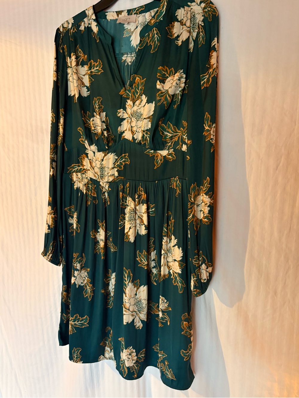 LOFT Teal Floral Long Sleeve V-Neck Dress